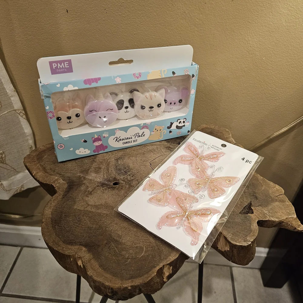 Recollections Pink Sparkly Butterflies & Kawaii Pals Candle Set - Pink and White